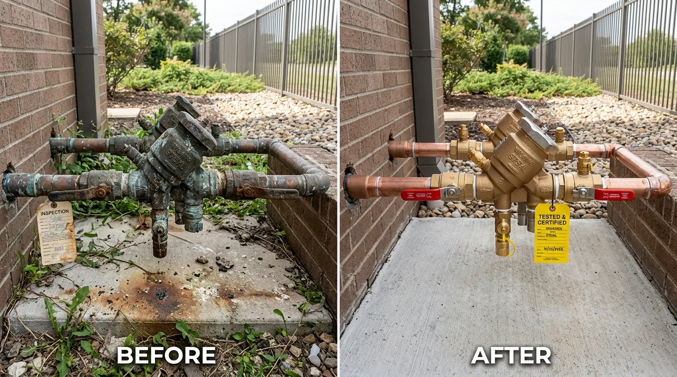 Backflow Preventer Replacement Before and After by Center Garland Plumbing in Garland TX