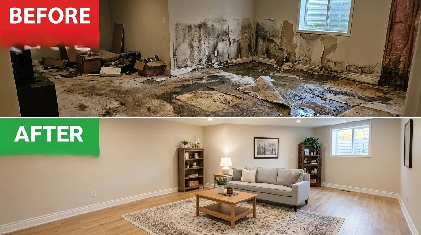 Before and after water damage restoration and mold remediation by Center Garland Plumbing in Garland TX