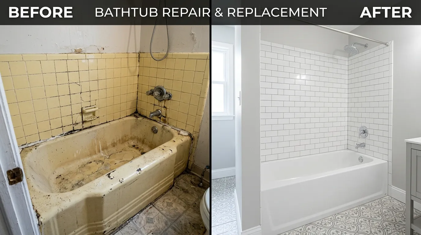 Before and After Bathtub Repair and Replacement in Garland TX by Center Garland Plumbing — showing corroded drain assembly replaced with new sealed system