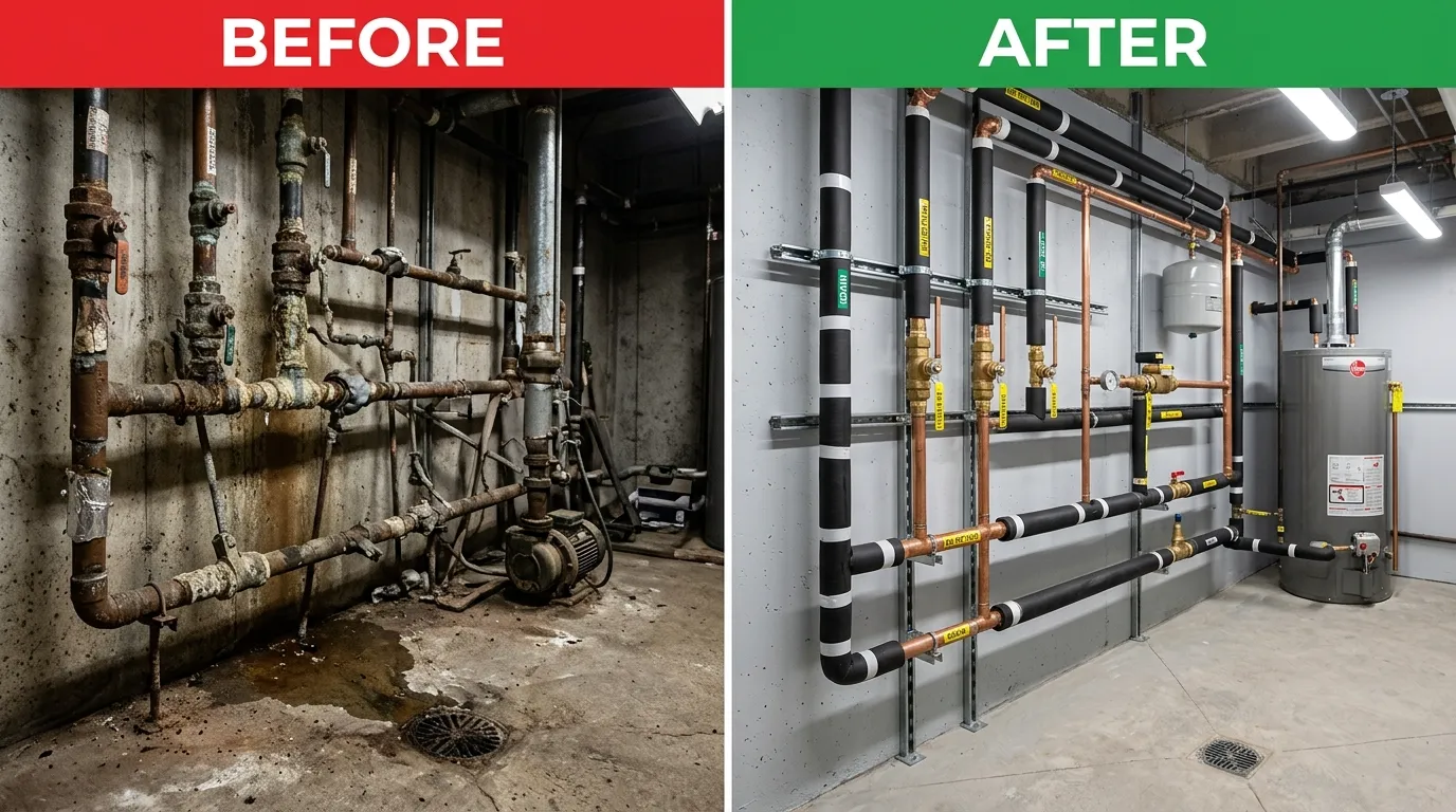 Commercial plumbing repipe before and after by Center Garland Plumbing in Garland TX — showing corroded galvanized supply lines replaced with new copper piping