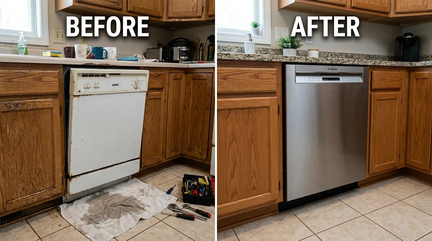 Before and After Dishwasher Replacement Installation by Center Garland Plumbing in Garland TX