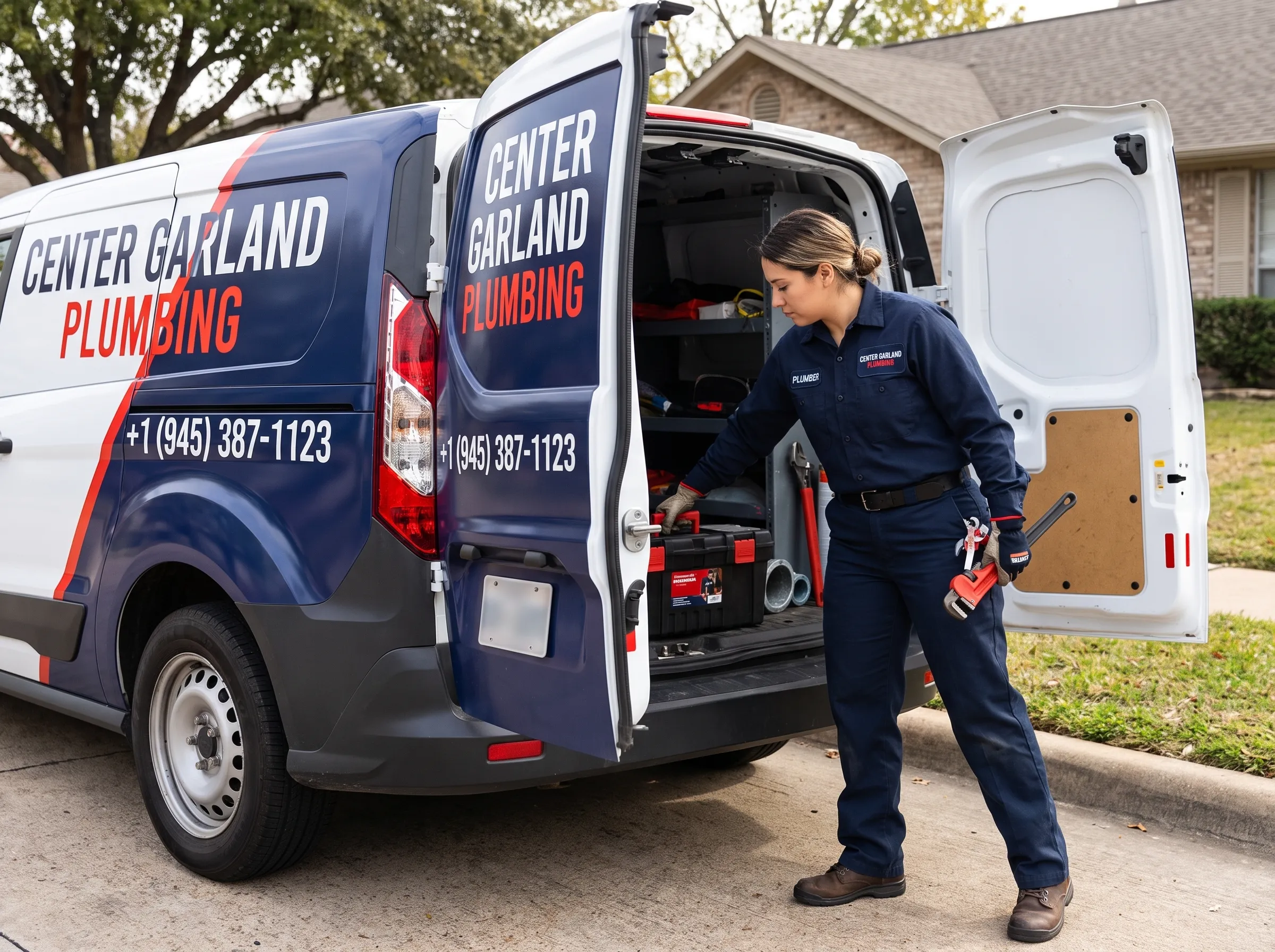 Fully Equipped Plumbing Technician Arriving On-Site - Center Garland Plumbing