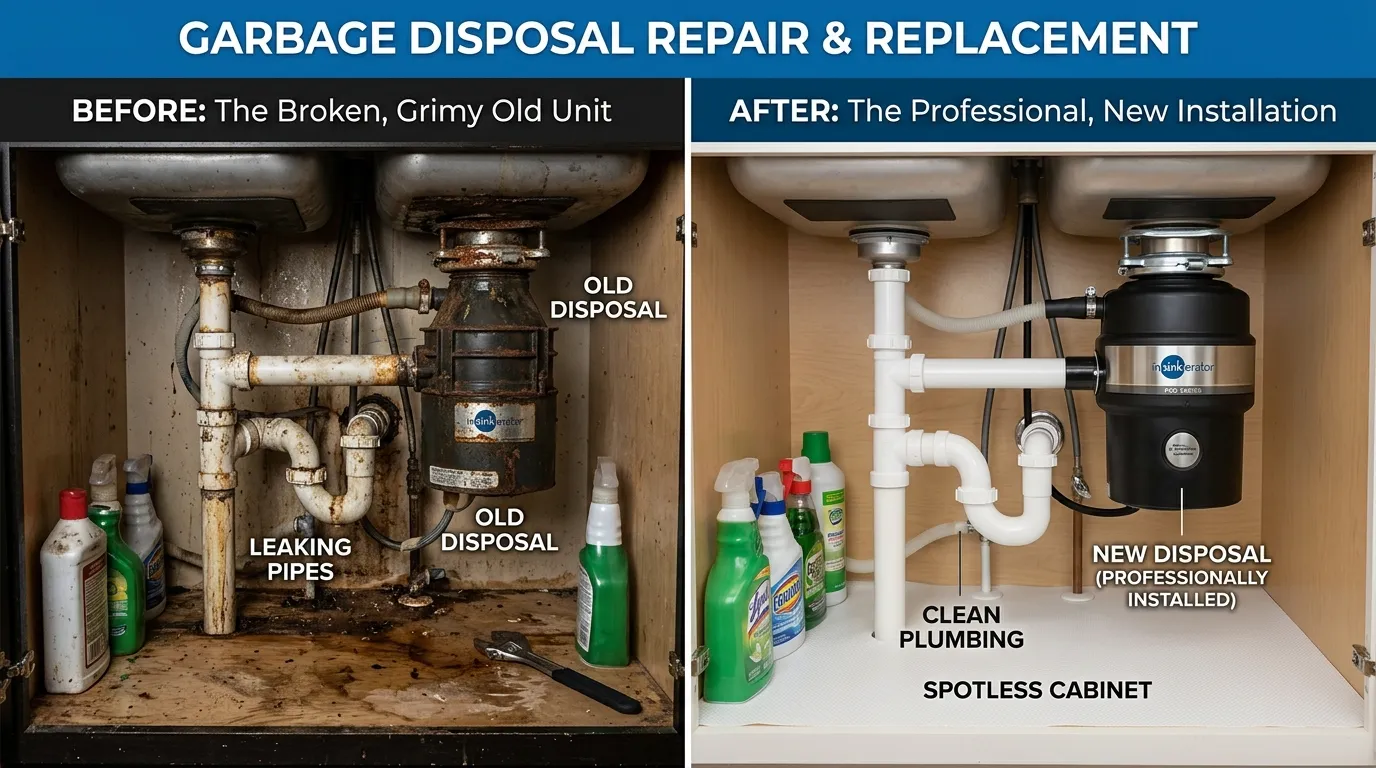 Before and After Garbage Disposal Repair and Replacement by Center Garland Plumbing in Garland TX