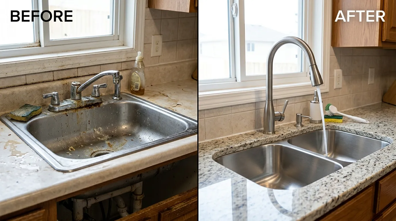 Before and After Kitchen Sink and Faucet Replacement by Center Garland Plumbing in Garland TX