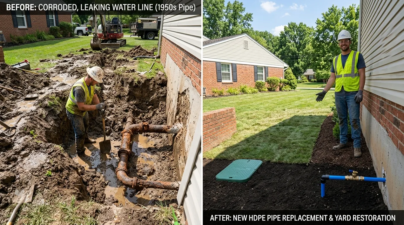 Main water line replacement yard restoration before and after by Center Garland Plumbing in Garland TX