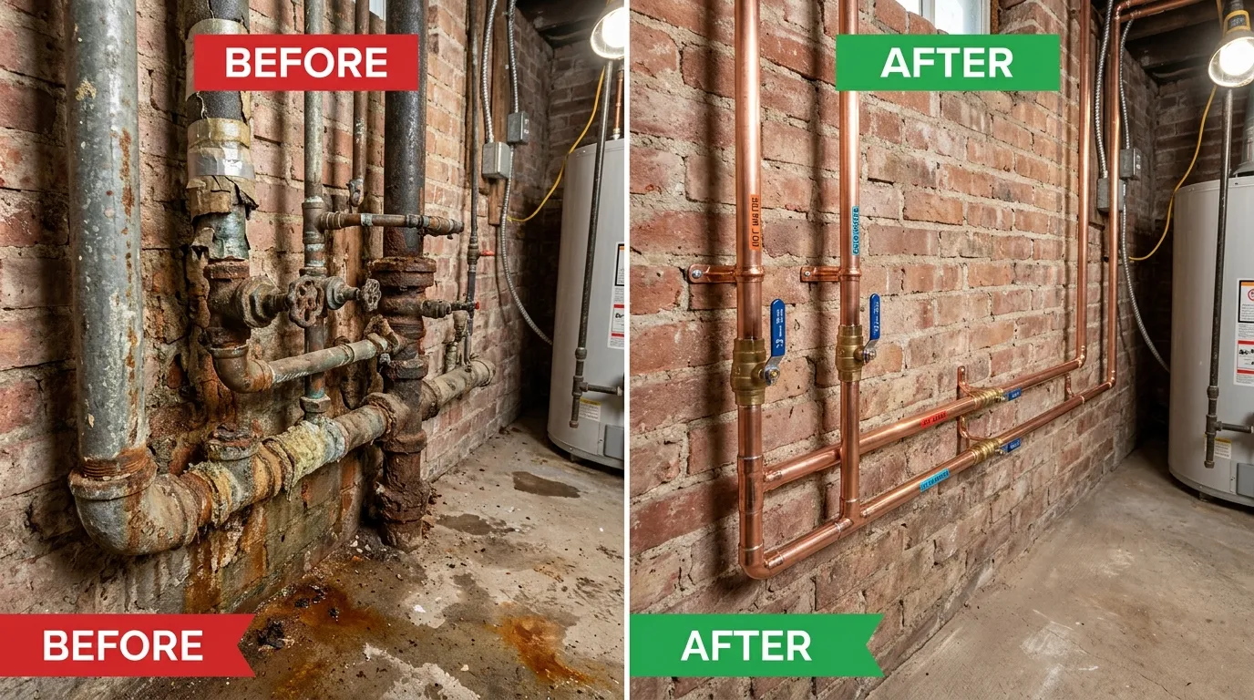 Before and After Pipe Repiping - Professional Copper and PEX Repiping Project by Center Garland Plumbing in Garland TX