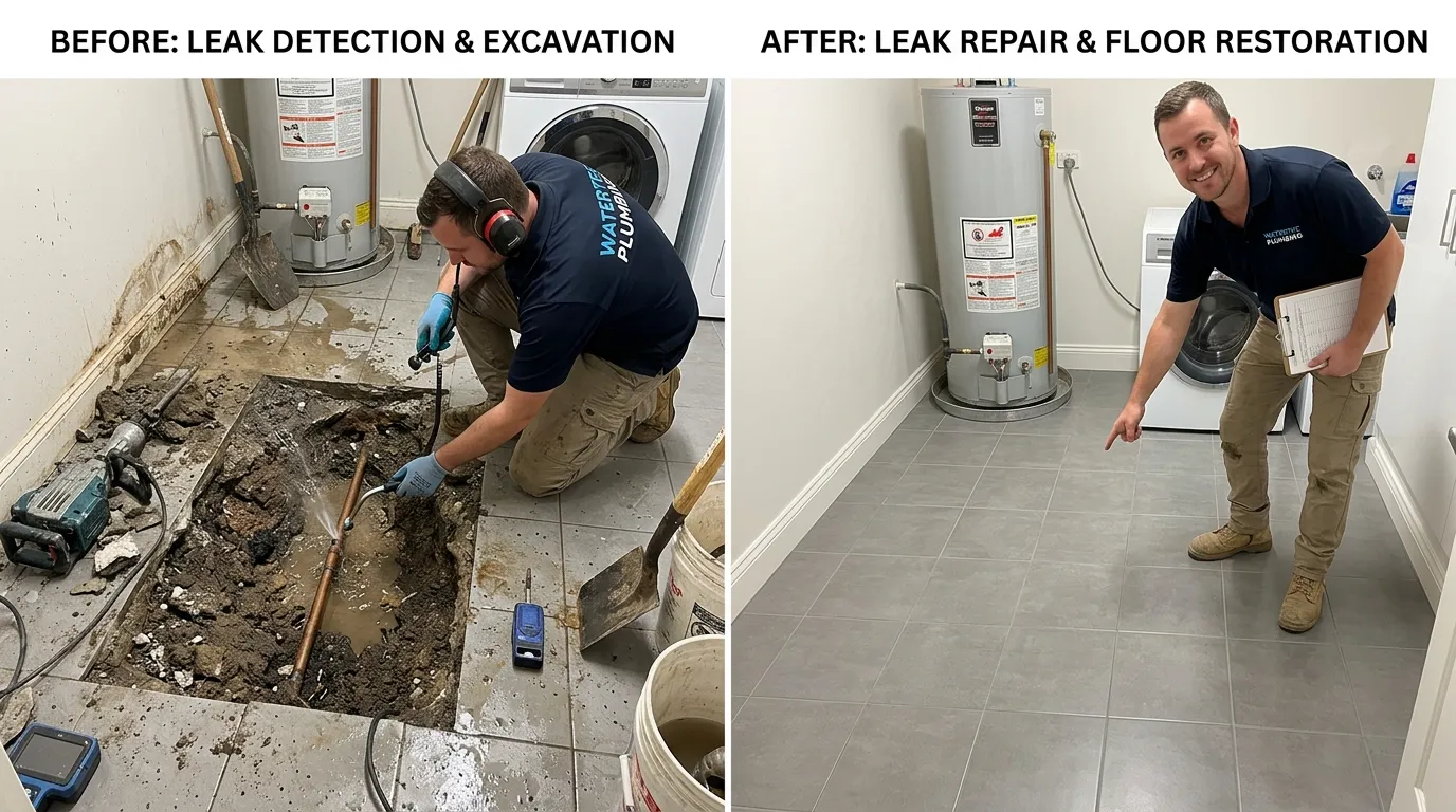 Before and after slab leak detection, precision repair, and floor restoration by Center Garland Plumbing in Garland TX