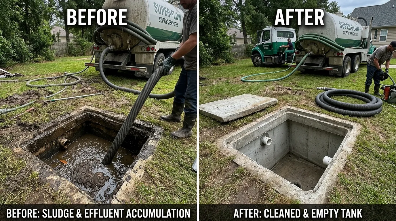 Before and after septic tank cleaning and pumping by Center Garland Plumbing in Garland TX showing a full sludge-laden tank restored to clean, inspected condition