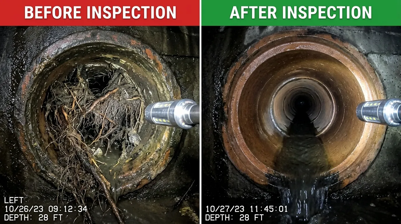 Sewer Camera Inspection Before and After Results - Root Removal and Pipe Cleaning in Garland TX by Center Garland Plumbing