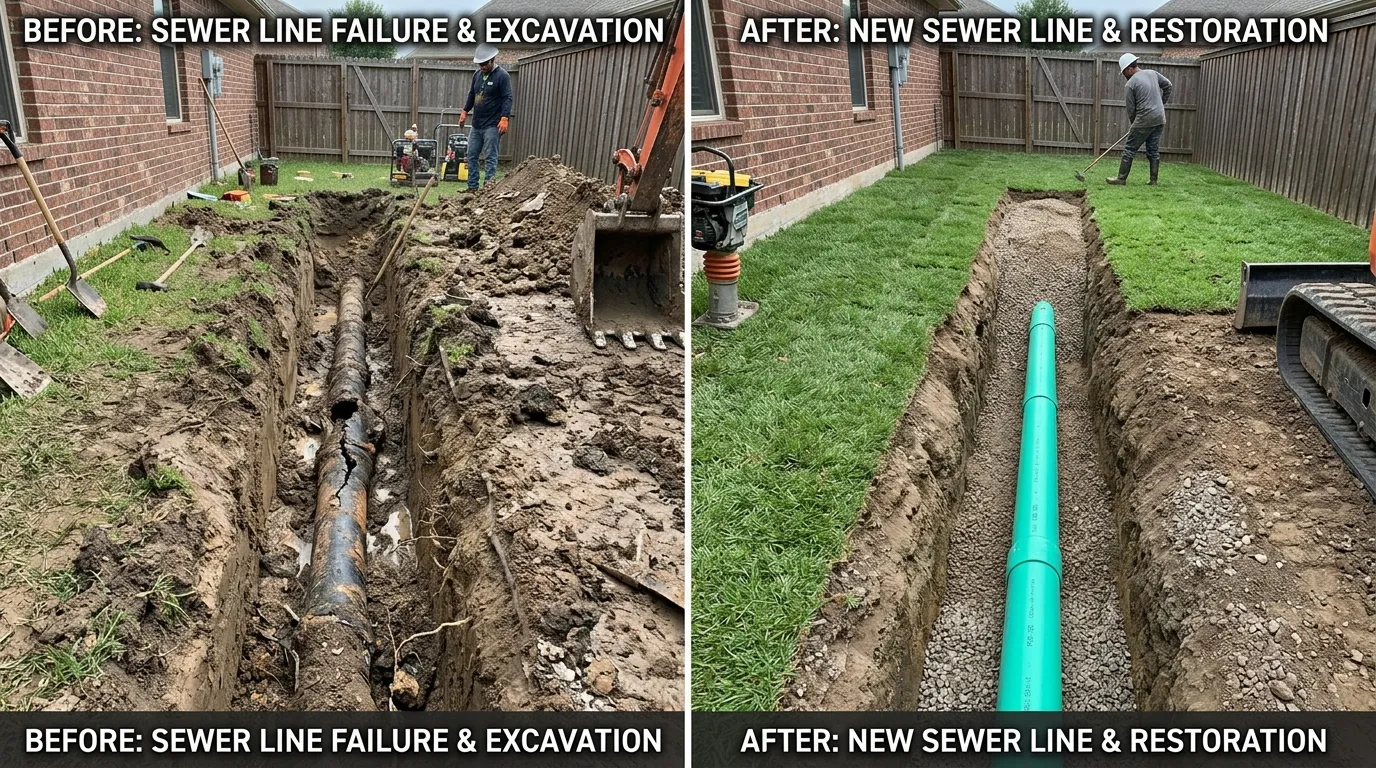 Before and after sewer line replacement in Garland TX by Center Garland Plumbing