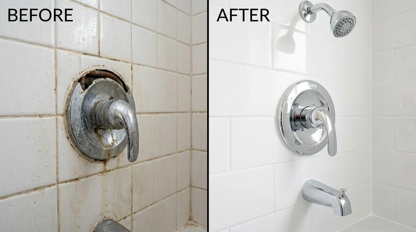 Before and after shower fixture and shower valve replacement by Center Garland Plumbing in Garland TX