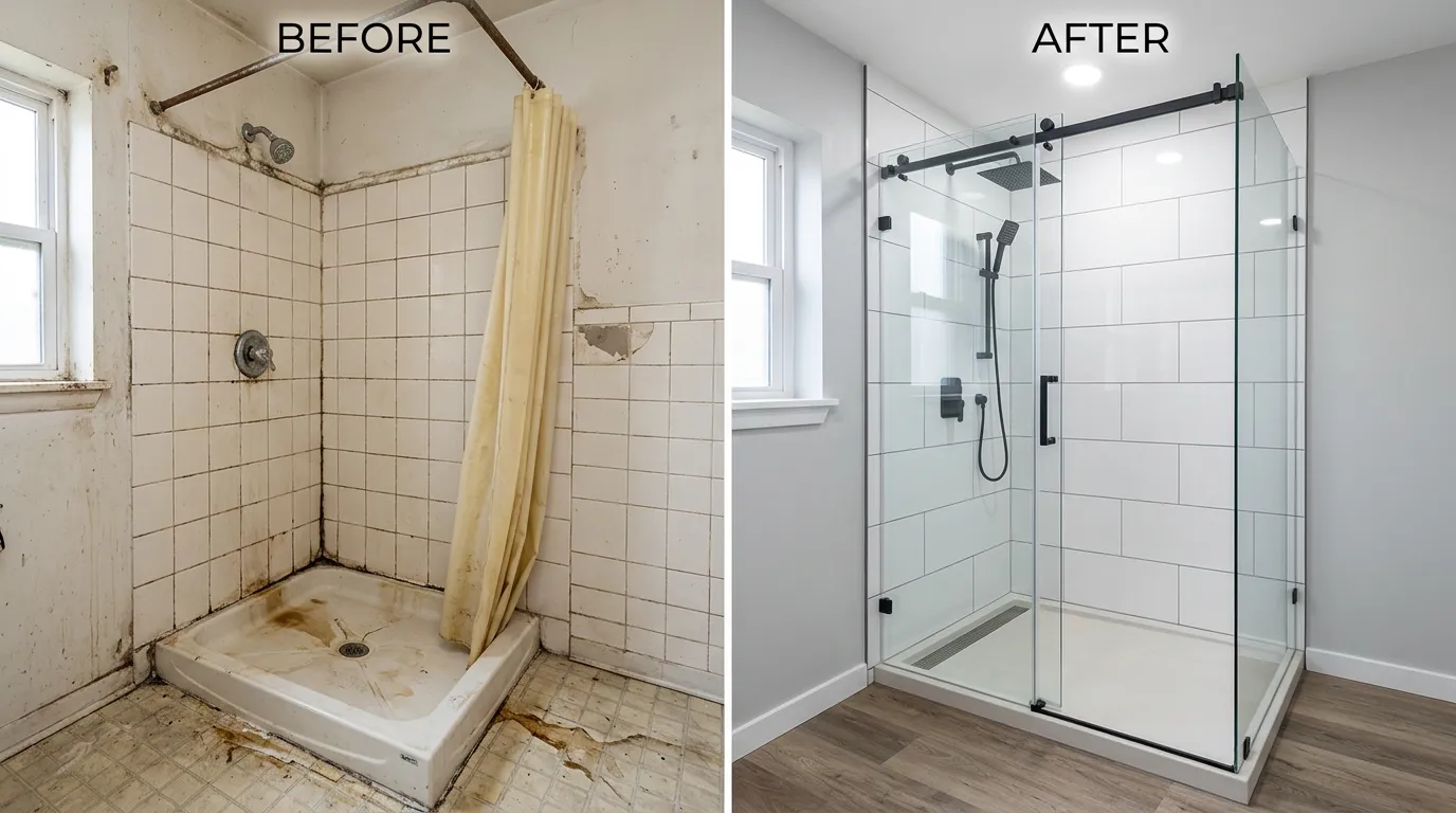 Before and after shower remodel and installation by Center Garland Plumbing in Garland TX