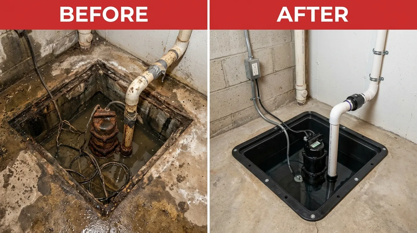 Before and after sump pump replacement in Garland TX by Center Garland Plumbing — basement plumbing upgrade showing old failing pump replaced with new submersible sump pump system