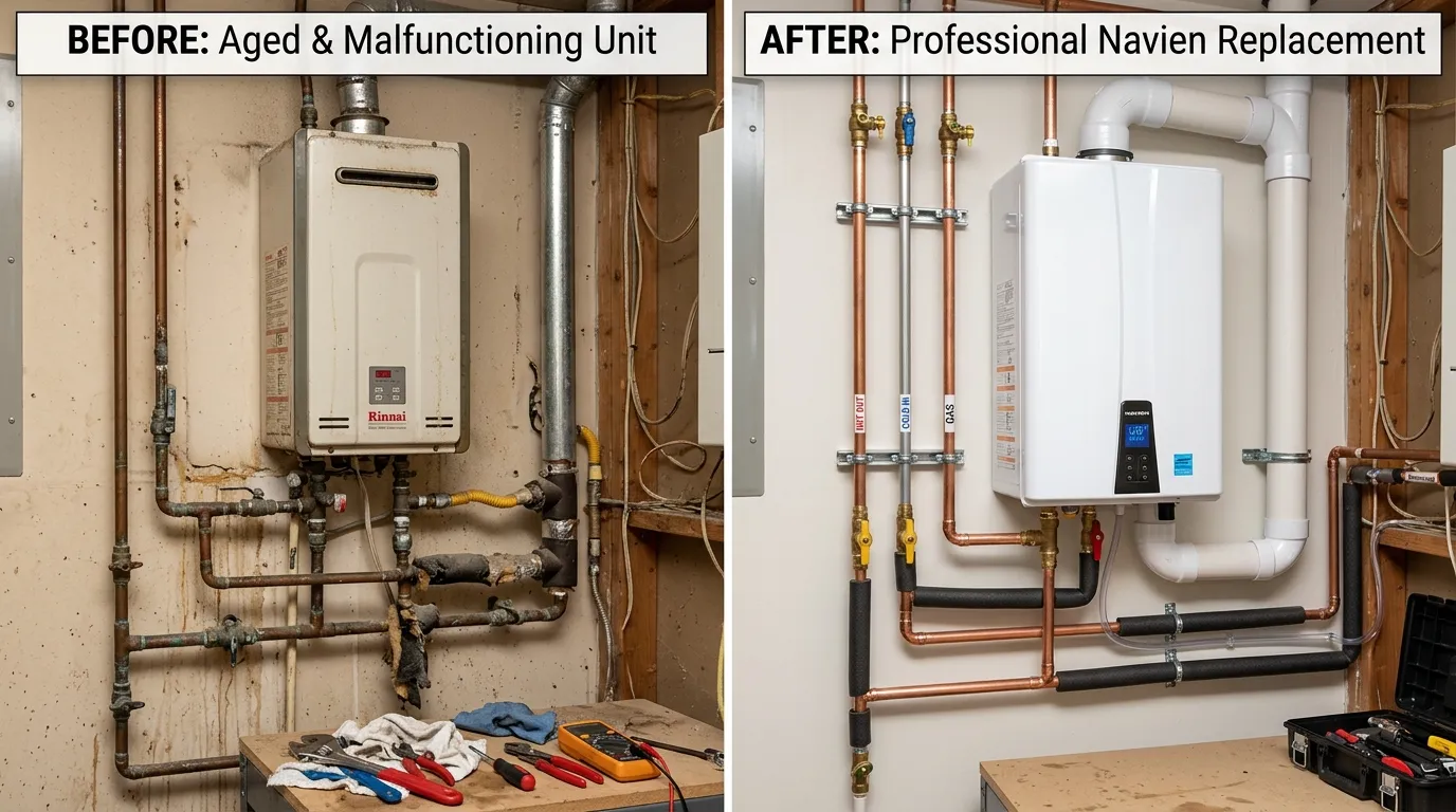Before and after tankless water heater replacement in Garland TX — Rinnai to Navien upgrade by Center Garland Plumbing