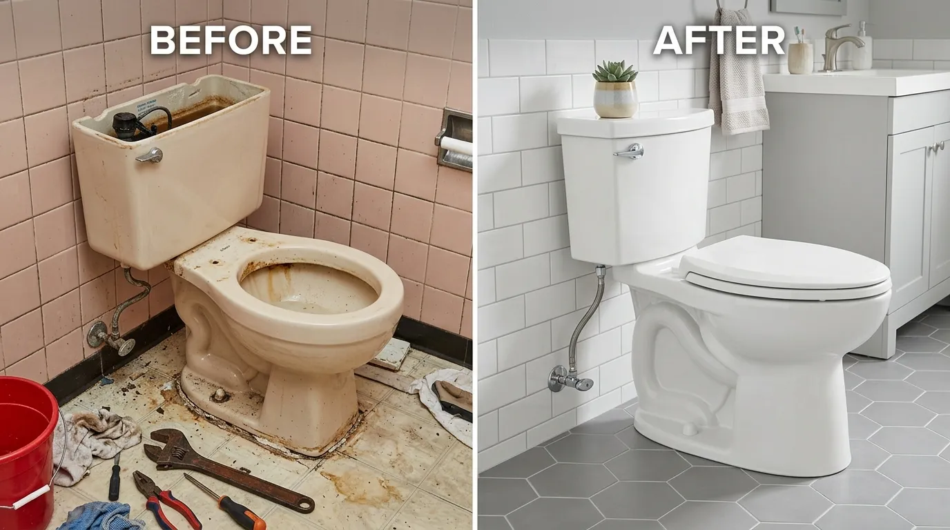 Before and after toilet replacement bathroom upgrade by Center Garland Plumbing in Garland TX