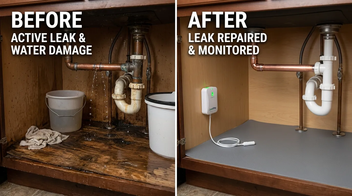 Before and after water leak repair and smart leak detection installation by Center Garland Plumbing in Garland TX