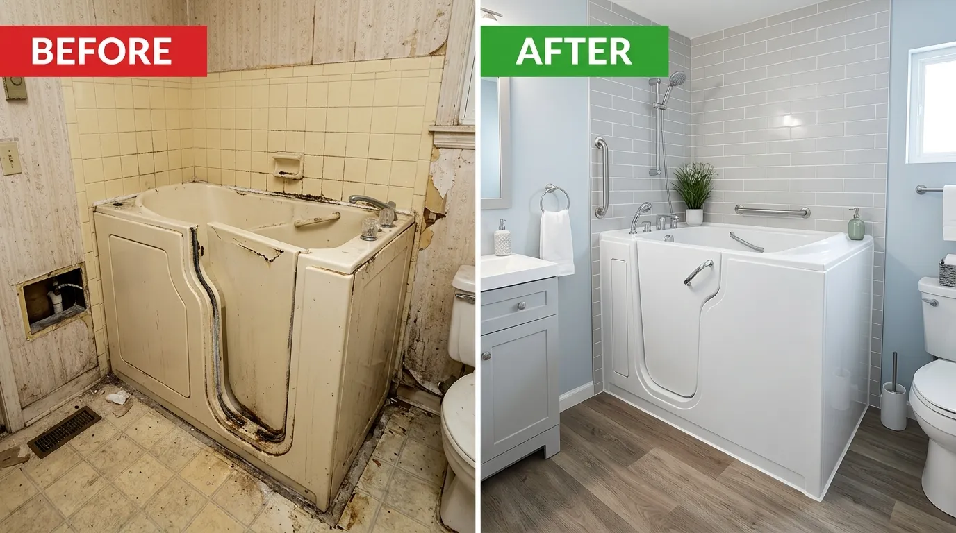 Walk-in Tub Replacement — Before and After Accessible Bathroom Remodel by Center Garland Plumbing in Garland TX