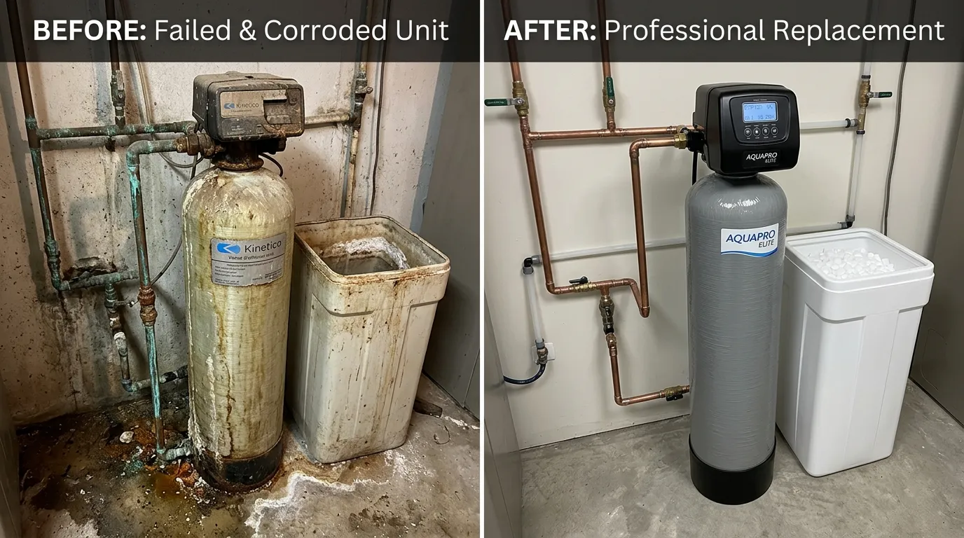 Before and after water softener replacement project in Garland TX by Center Garland Plumbing