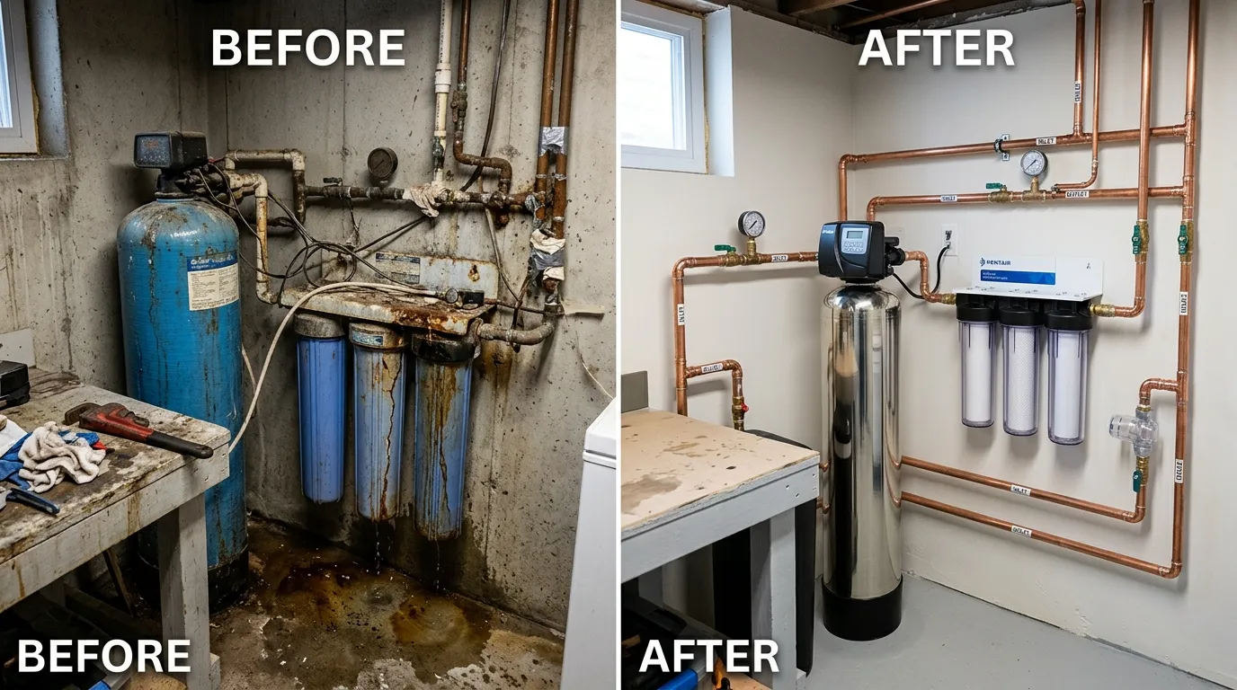 Before and after whole-house water filtration and softener replacement in Garland TX by Center Garland Plumbing